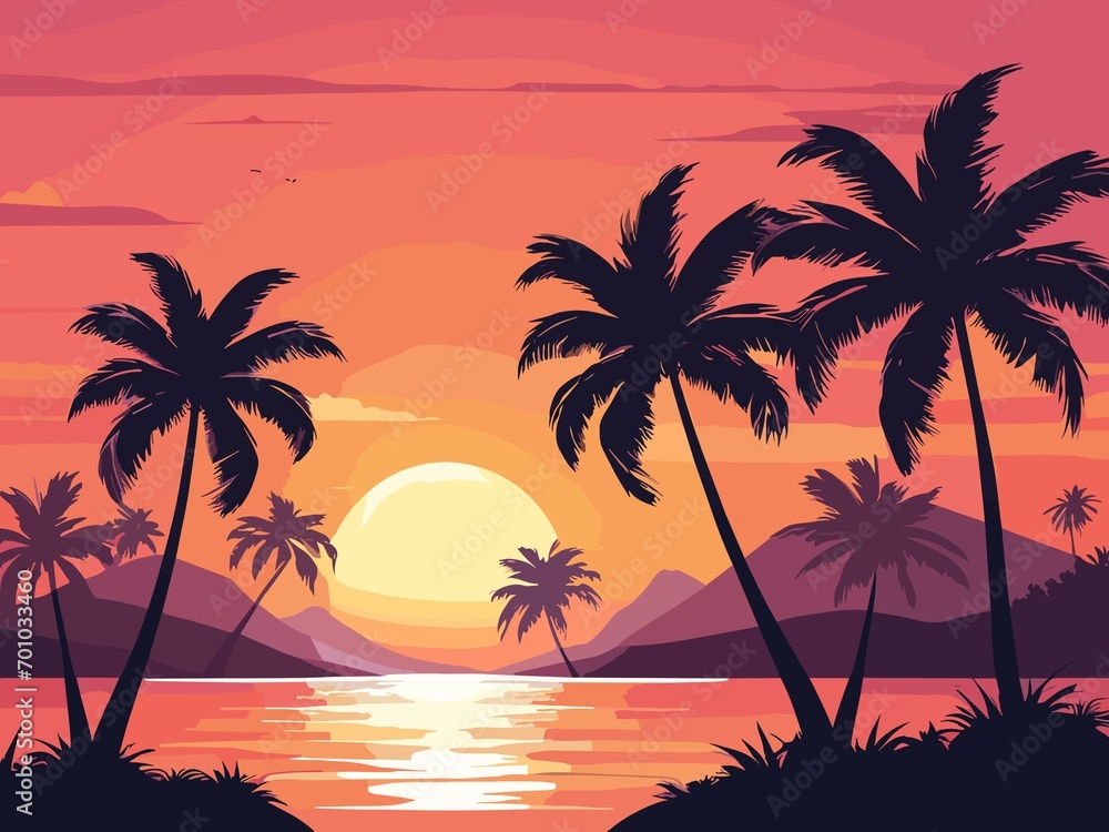 Tropical sunset with palm trees flat vector illustration. Generative AI