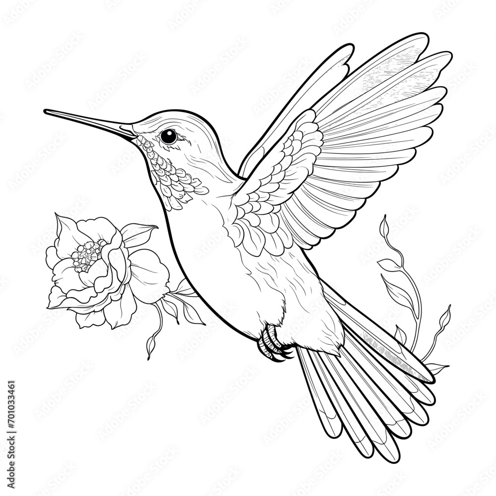 Obraz premium hummingbird and flower illustration coloring page - coloring book