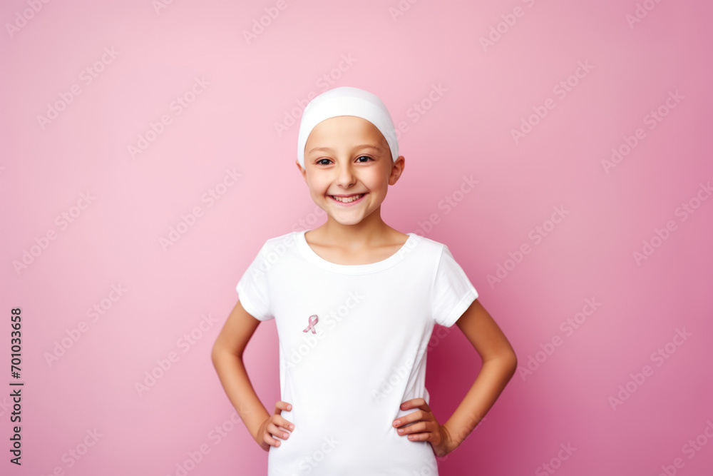 young little girl with cancer without hair smiling on pink background. Cancer day concept young little girl with cancer without hair smiling on pink background. Cancer day concept