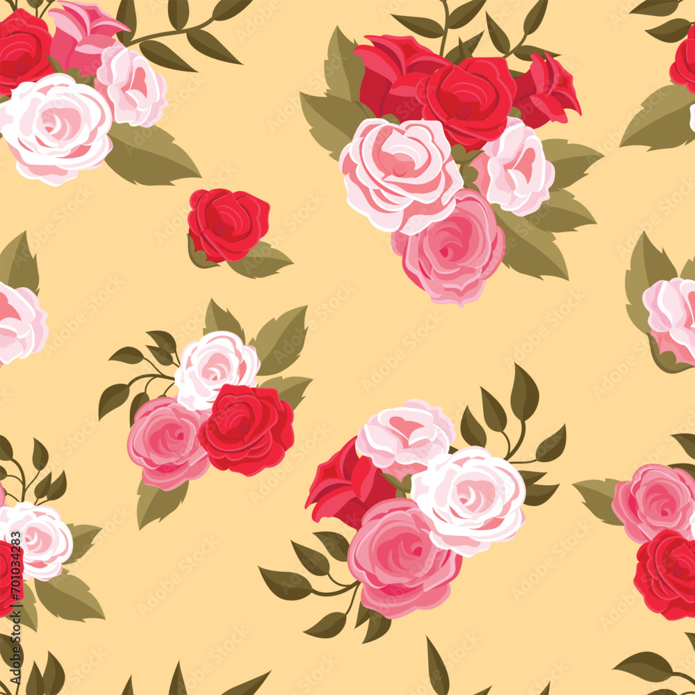 Seamless pattern with red and pink roses. Vector illustration.