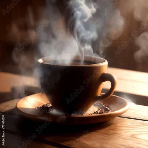 close up coffee cup on wooden table steam rising generative 