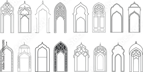 Islamic door & window vector set illustration, Islamic architecture, ornate door design, Islamic art, decorative door and window, Arabic door and window, Islamic interior design