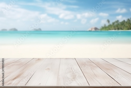This white wood table top takes center stage against the blurred beach backdrop  offering an ideal canvas for your product displays and montages. Created with generative AI tools
