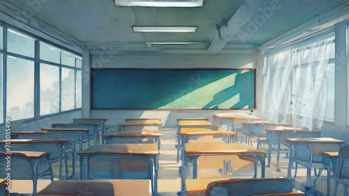 illustration of a large blackboard classroom in school or university with desks and chairs on sunny morning. Back to school Japanese anime illustration style. Seamless Animation 4K Video Background. photo