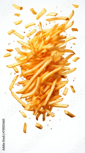 white background flying french fries looking like an advertisment