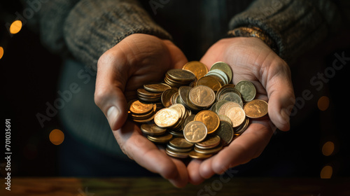 Pair of open hands holding a large number of various coins