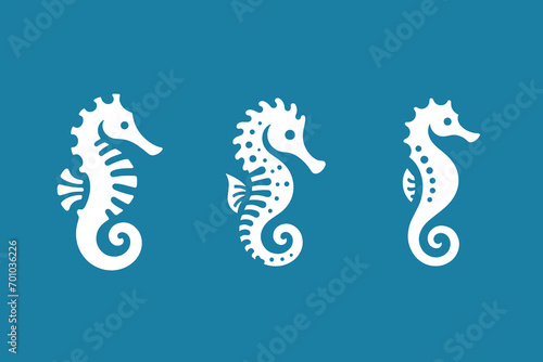 Sea Horse. Beautiful simple modern logo, icon set. Various white colors on a blue background photo