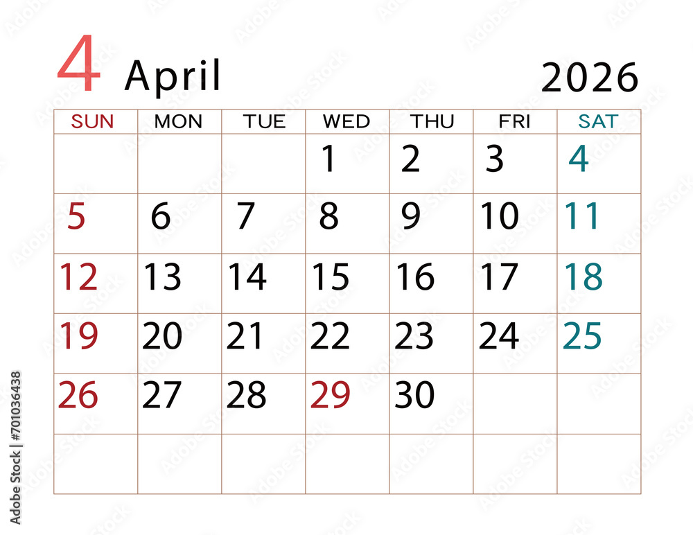 2026年カレンダー 4月 2026年カレンダー 4月