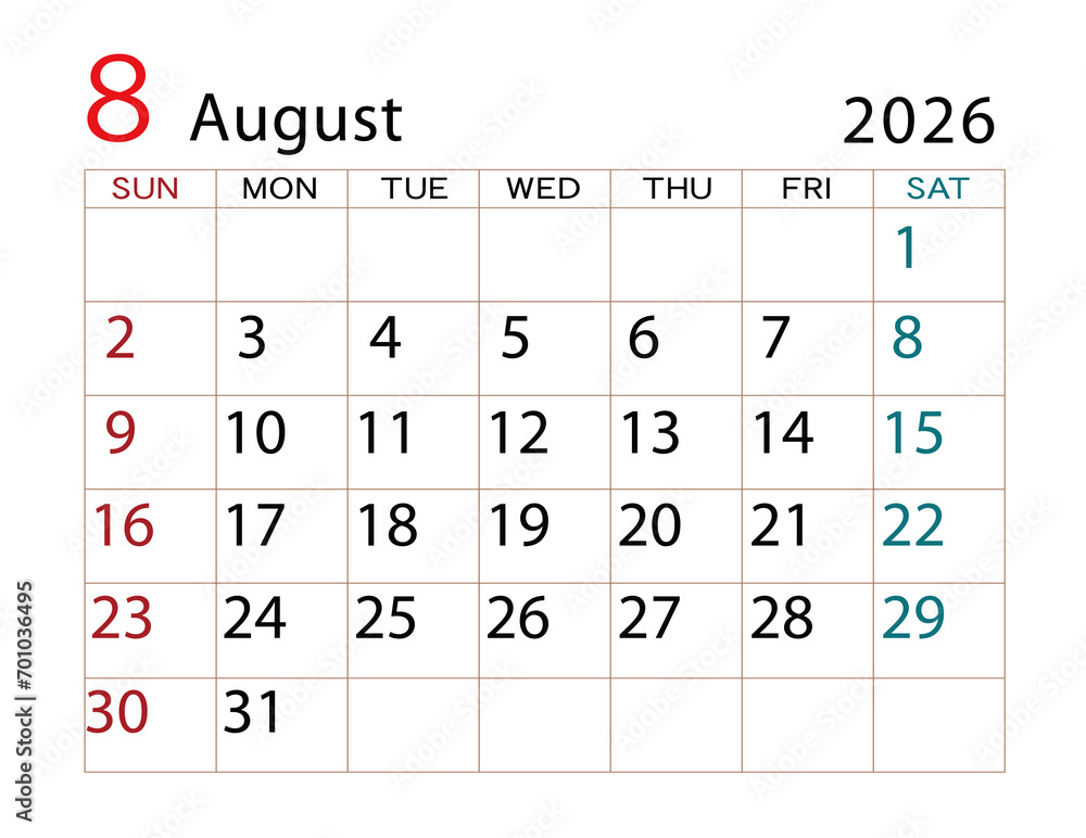 2026年カレンダー 8月 2026年カレンダー 8月