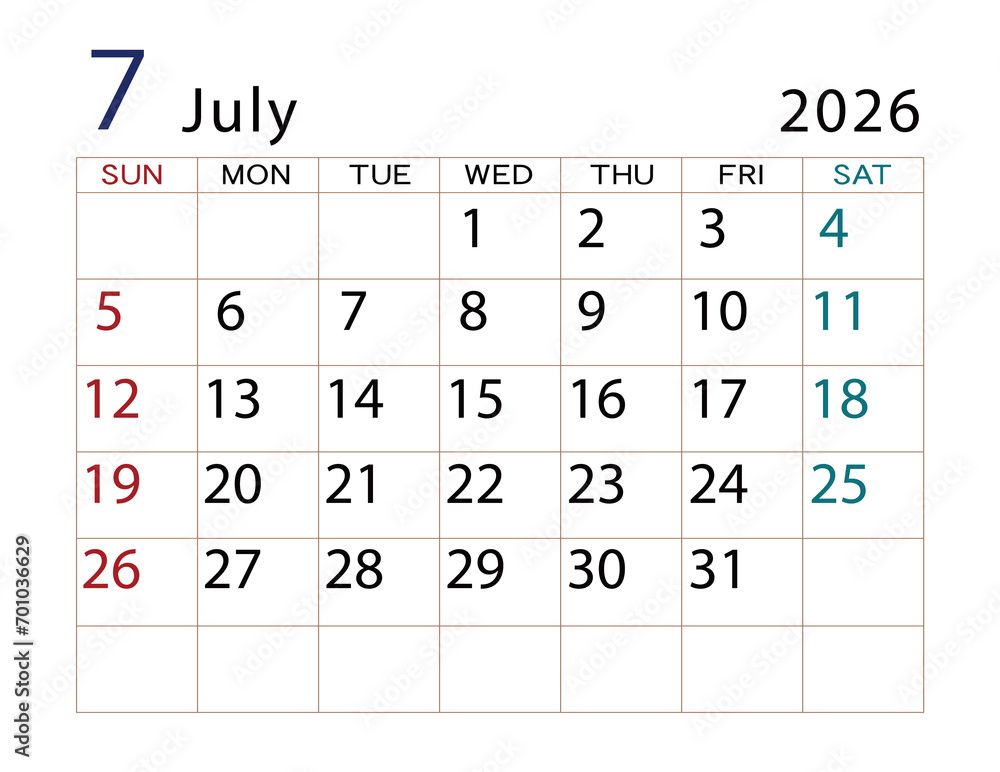 2026年カレンダー 7月 2026年カレンダー 7月
