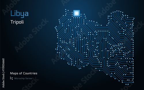 Libya Map with a capital ofTripoli Shown in a Microchip Pattern. E-government. World Countries vector maps. Microchip Series	
 photo