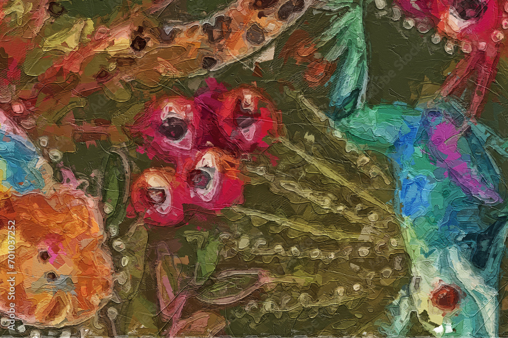 Oil painting and various flowers, roses, peonies, mushrooms, animals, tigers, beautiful