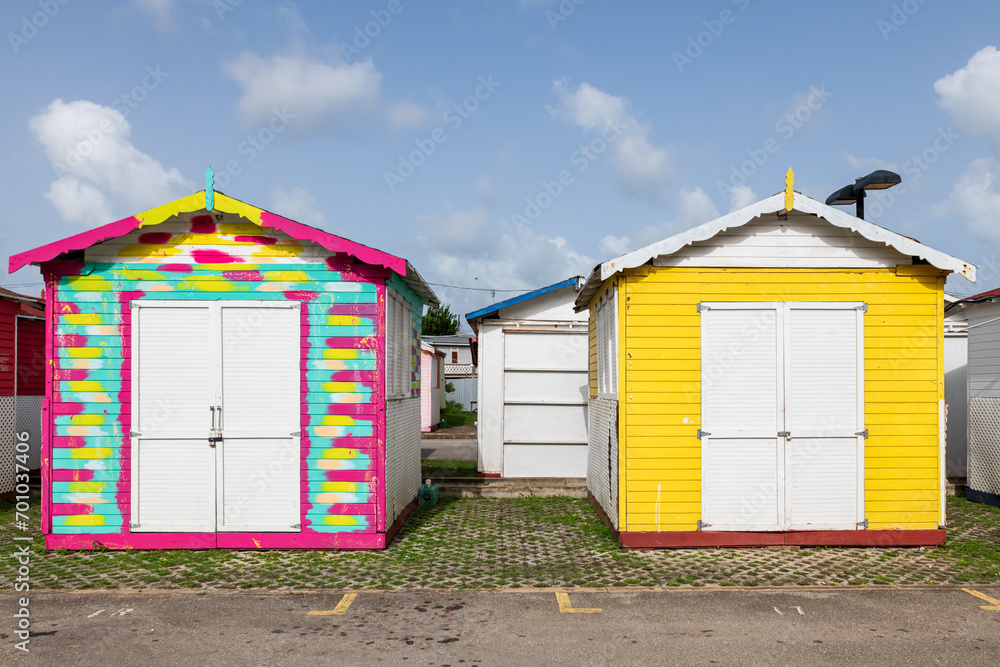 Bridgetown, Barbados, 08.14.2023: view of small colorful wooden houses. Bridgetown, Barbados, 08.14.2023: view of small colorful wooden houses.