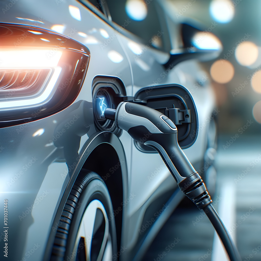 Generative AI illustration of EV electric car plugged charging at standalone station. Electric car at charging station with the power cable supply plugged in. Generative AI illustration of EV electric car plugged charging at standalone station. Electric car at charging station with the power cable supply plugged in.