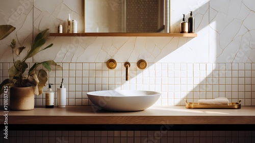 Mid-century bathroom design featuring geometric tiles  a floating vanity  and brass fixtures in a Copenhagen residence