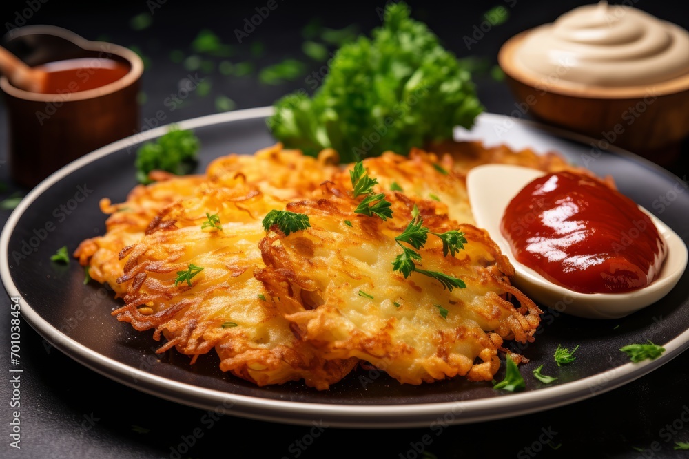 A close-up view of a traditional American breakfast dish, crispy hash browns served with a side of ketchup A close-up view of a traditional American breakfast dish, crispy hash browns served with a side of ketchup