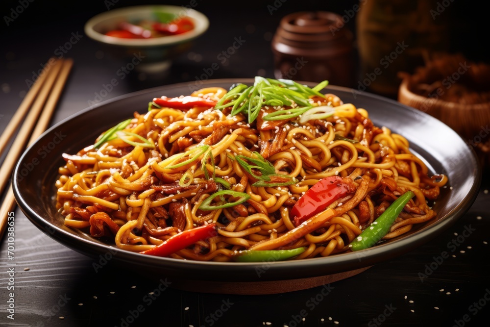 A delectable photo of a hot Lo Mein dish, served in a ceramic bowl with chopsticks, showcasing the flavors of authentic Chinese cuisine