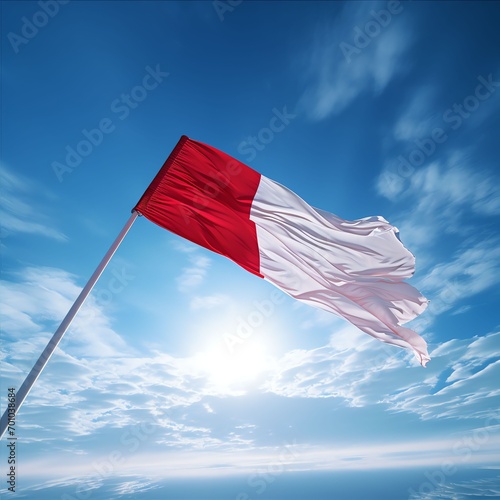 slightly tilted a flag red and white, while red color on top, white color below, morning blue sky on background 