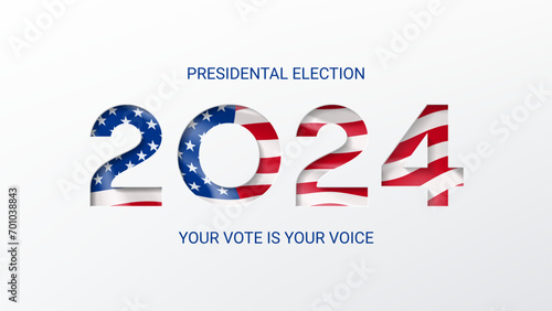 US presidential election 2024 banner. Template of isolated typography symbol of USA election voting. US Election 2024 campaign. Vote day. Paper cutout effect with USA flag. Vector illustration. photo