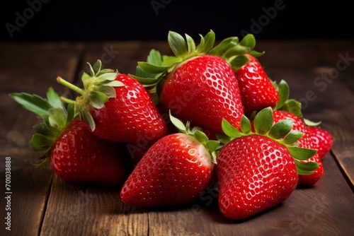A picturesque scene of ripe strawberries, gleaming with morning dew, set against a charmingly rustic wooden backdrop