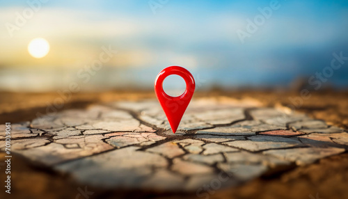 Ícone pin em 3D indicando lugar em terra seca com rachaduras e sol ao fundo desfocado. photo