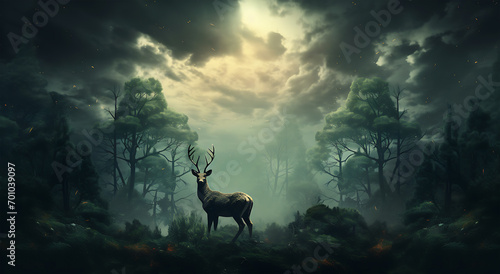 Photographie A deer stands under a sky of trees around the forest