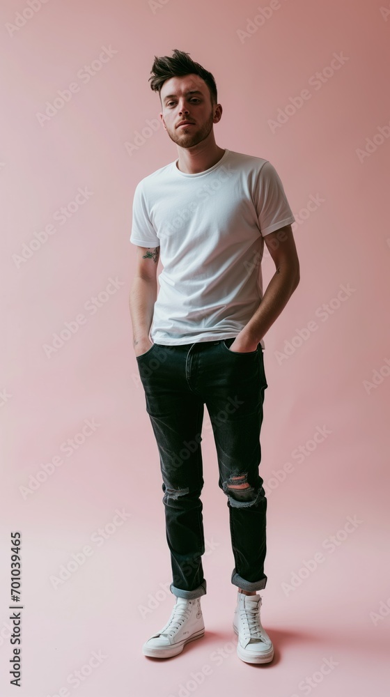 Modern Casual Style: Young Man in White Tee and Ripped Jeans. Generative AI.