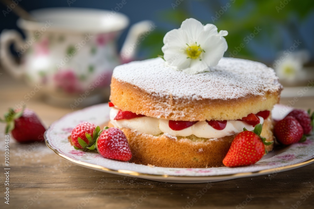 A delightful English Victoria sponge cake with strawberry and cream filling, dusted with icing sugar, on a vintage patterned plate