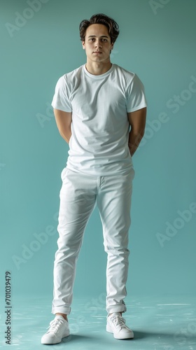 Young Man with a Modern All-White Look. Generative AI. photo