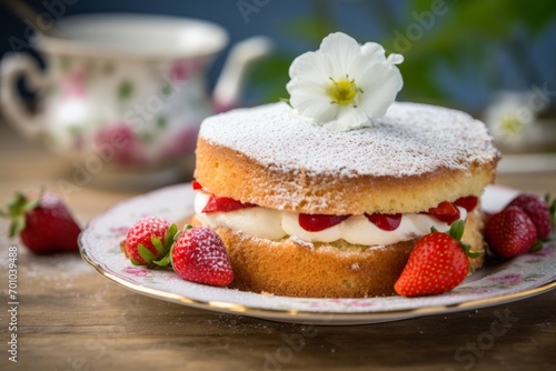A delightful English Victoria sponge cake with strawberry and cream filling  dusted with icing sugar  on a vintage patterned plate