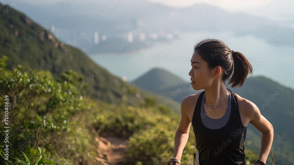 Portrait of Japanese women running in trail, trail running