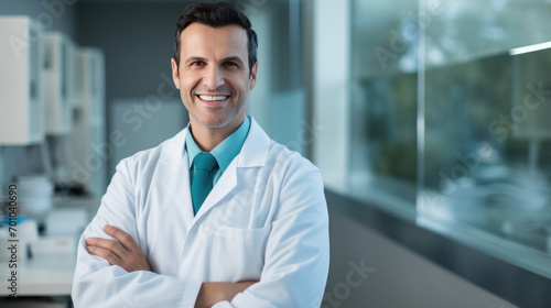 Portrait of a smiling doctor wearing glasses and a lab coat © MP Studio