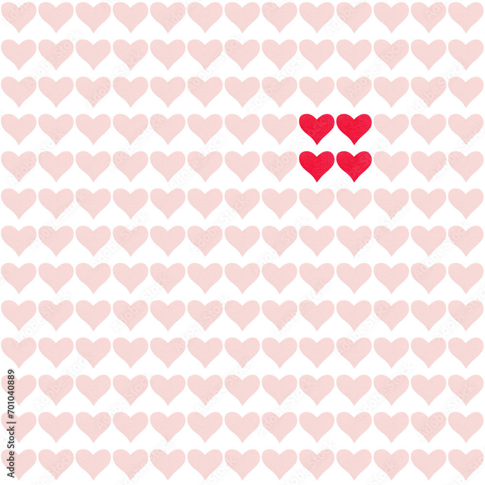Valentine's day banner with many repeating pink and red hearts on a white background. love and happiness. Square Valentine's day banner with many repeating pink and red hearts on a white background. love and happiness. Square