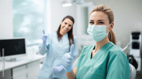 Healthcare professional in the foreground giving a thumbs-up and wearing a surgical mask, with a colleague in the background doing the same, both in a clinical setting.