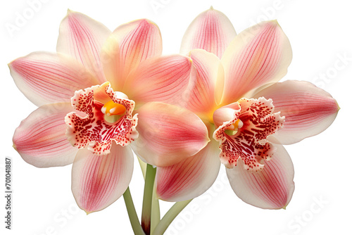 Top side closeup macro view of A collection two  three cymbidium flowers isolated on a white background PNG