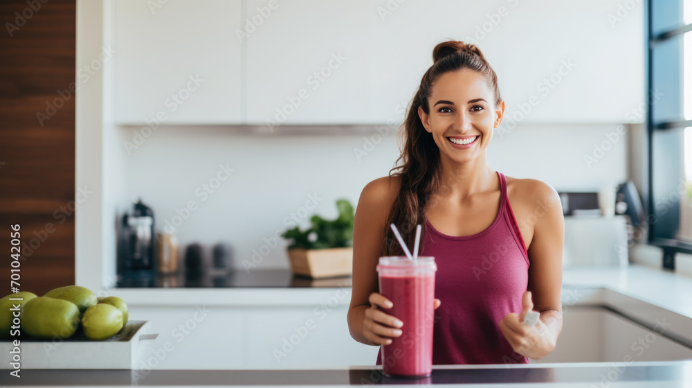 Smiling woman in a light, airy kitchen holding a smoothie. Smiling woman in a light, airy kitchen holding a smoothie.