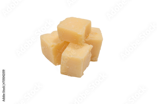 Cheese cubes isolated on a white background.