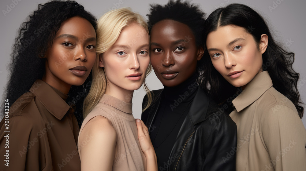 Group portrait of women of different ages and ethnic backgrounds, smiling and embracing each other, symbolizing diversity and unity. Group portrait of women of different ages and ethnic backgrounds, smiling and embracing each other, symbolizing diversity and unity.