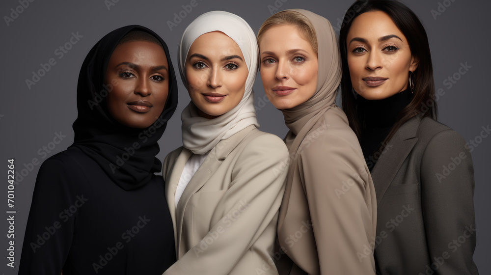 Group portrait of women of different ages and ethnic backgrounds, smiling and embracing each other, symbolizing diversity and unity. Group portrait of women of different ages and ethnic backgrounds, smiling and embracing each other, symbolizing diversity and unity.