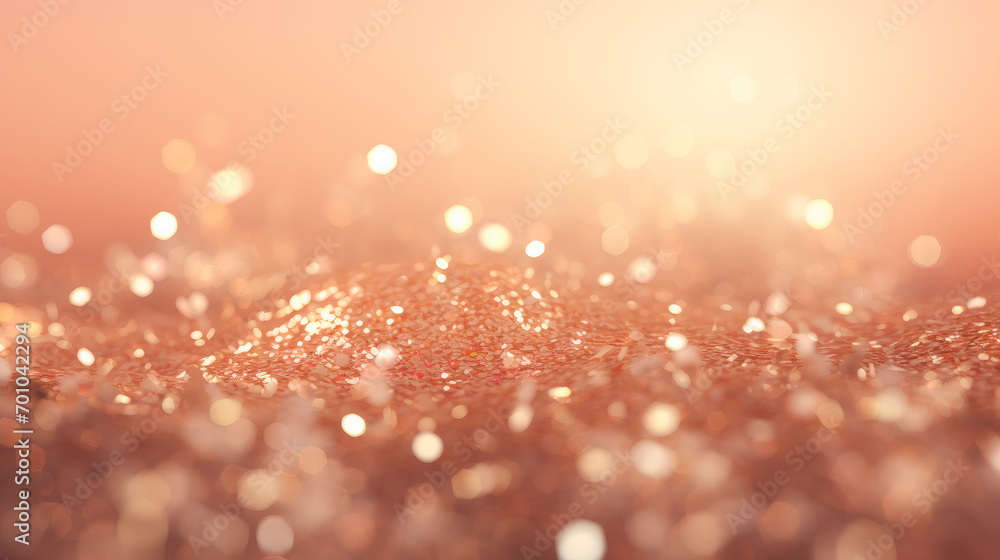 Glitter festive lights background. Elegant abstract background with bokeh defocused lights. Peach fuzz and gold color. Glitter festive lights background. Elegant abstract background with bokeh defocused lights. Peach fuzz and gold color.