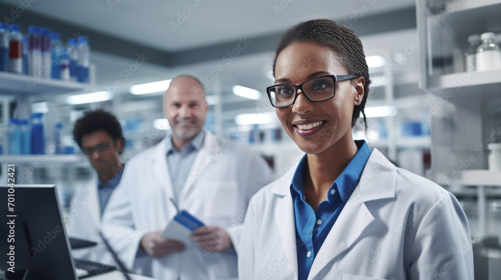 Smiling female scientist with curly hair and glasses, wearing a lab coat in a laboratory setting, with scientific equipment and other researchers in the background. Smiling female scientist with curly hair and glasses, wearing a lab coat in a laboratory setting, with scientific equipment and other researchers in the background.