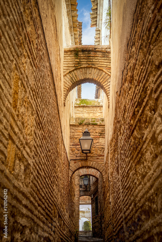 Detail of the narrow Calleja de Los Arquillos Cordoba, Andalusia, Spain with brick arches photo