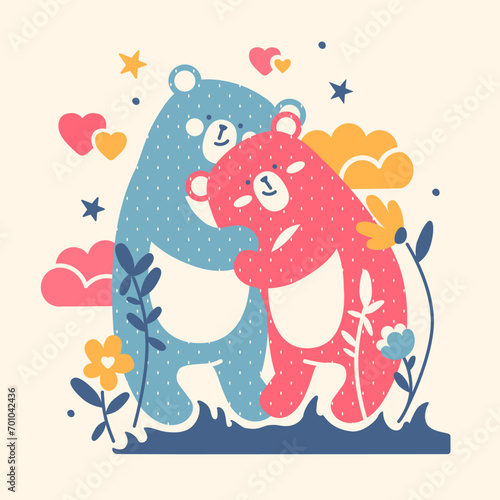 Cute cuddle a couple  bears. Naive charming and bright Scandinavian style. 14 February, Valentine's Day concept. Simple funny hand drawn doodle print.