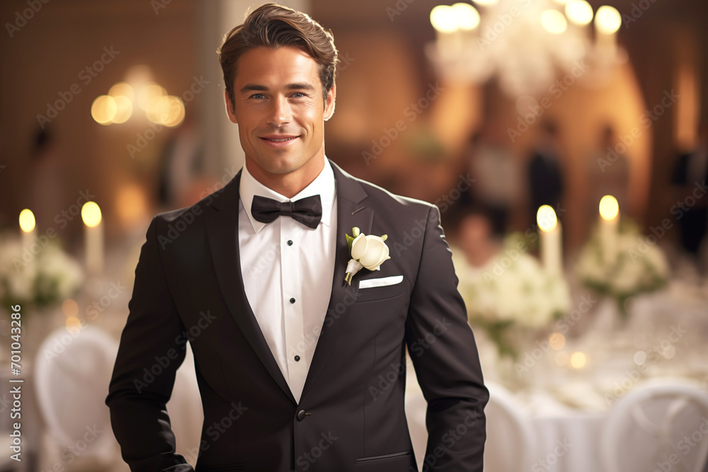 Happy Groom in a Festive Banqueting Hall Happy Groom in a Festive Banqueting Hall