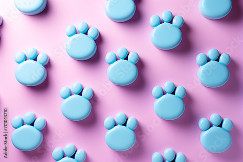 Blue paw print candies on a pink background