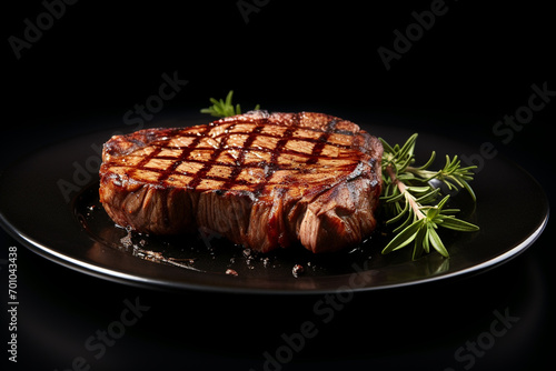 Food concept. Grilled delicious looking meat steak on plate served with potatoes and rosemary twig in black plate and black background with copy space