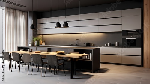 Minimalist kitchen with a sleek island, integrated appliances, and pendant lights for a modern touch