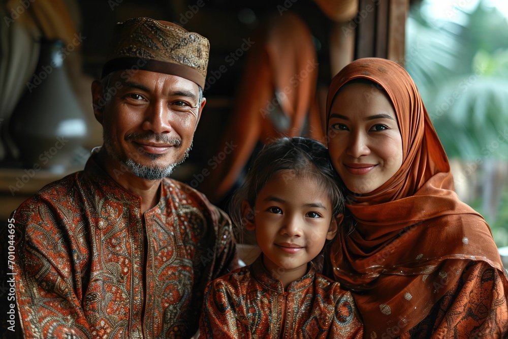 Portrait of a Happy Asian Muslim Family in Traditional Clothes