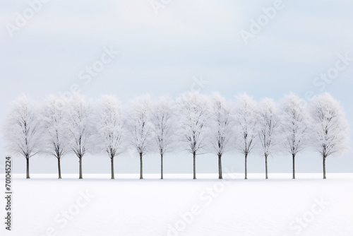 Row of frosted trees on a clear snowy landscape