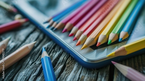 Colorful pencils and tablet on wooden background, education concept